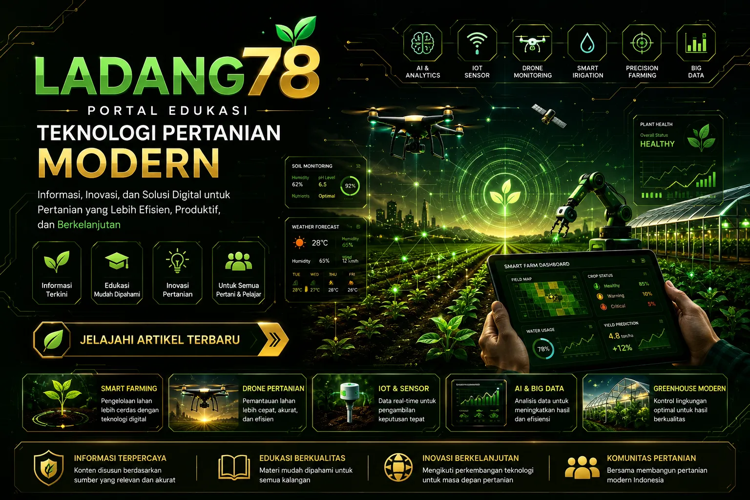 Banner Ladang78 menampilkan teknologi pertanian modern dengan smart farming, drone, AI, IoT, greenhouse, dan sistem pertanian digital.